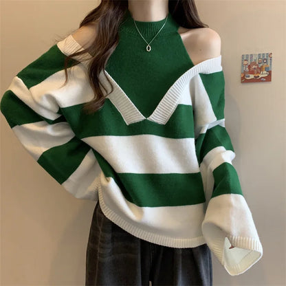 LVSANW Unique Design Fake Two Pieces Halter Strapless Women's Long Sleeved Knitted Sweater Fashion Trends Knitwear Loose Fitting Top