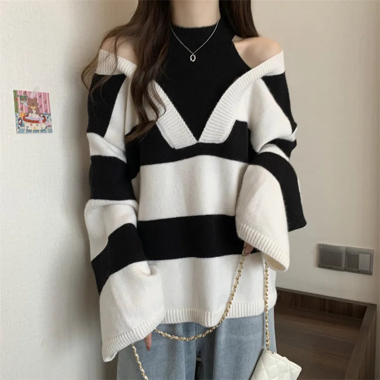 LVSANW Unique Design Fake Two Pieces Halter Strapless Women's Long Sleeved Knitted Sweater Fashion Trends Knitwear Loose Fitting Top