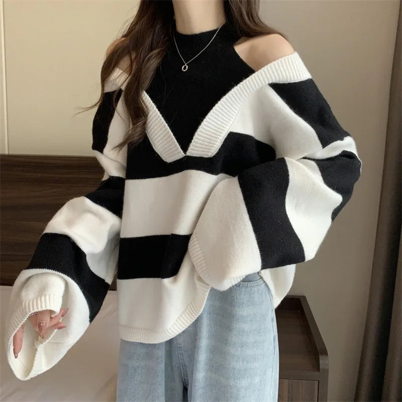 LVSANW Unique Design Fake Two Pieces Halter Strapless Women's Long Sleeved Knitted Sweater Fashion Trends Knitwear Loose Fitting Top