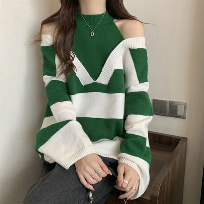 LVSANW Unique Design Fake Two Pieces Halter Strapless Women's Long Sleeved Knitted Sweater Fashion Trends Knitwear Loose Fitting Top