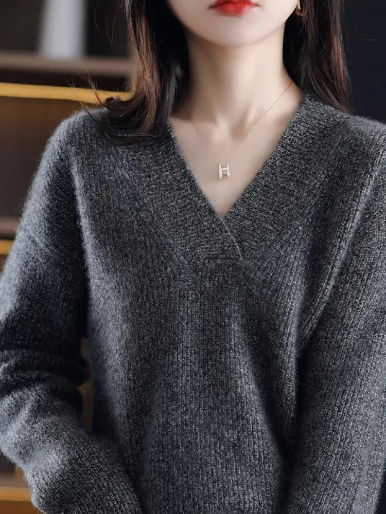 LVSANW V-Neck Autumn Winter Sweater Pullovers Women Korea Loose Thick Cashmere Sweater Pullover Women Oversize Sweater Jumper