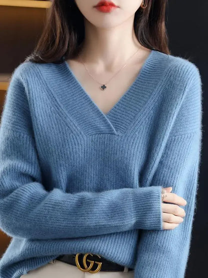 LVSANW V-Neck Autumn Winter Sweater Pullovers Women Korea Loose Thick Cashmere Sweater Pullover Women Oversize Sweater Jumper