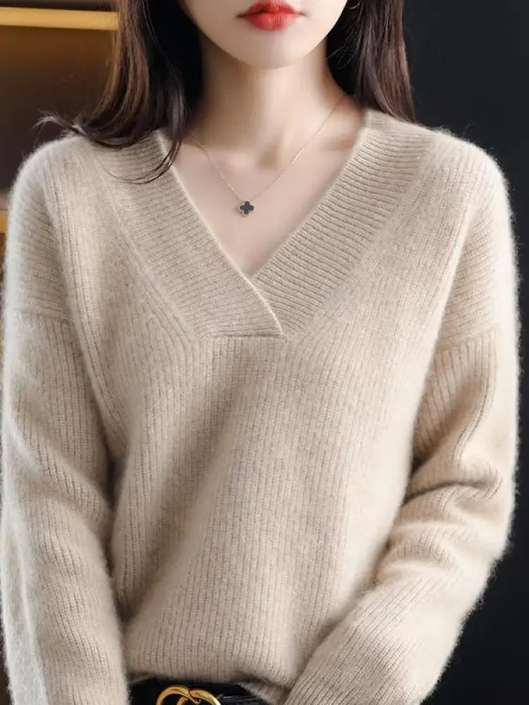 LVSANW V-Neck Autumn Winter Sweater Pullovers Women Korea Loose Thick Cashmere Sweater Pullover Women Oversize Sweater Jumper