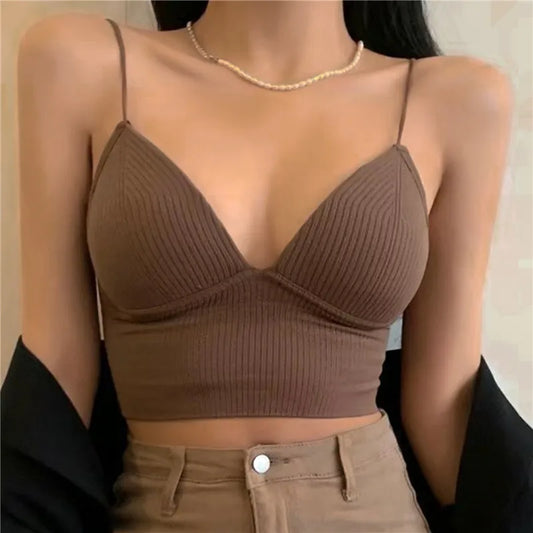 LVSANW V-Neck Camisole Women Sexy Stretch Push Up Bra with Chest Pads Knitted Crop Top for Female Short Tube Top Tops Bralette Y2k