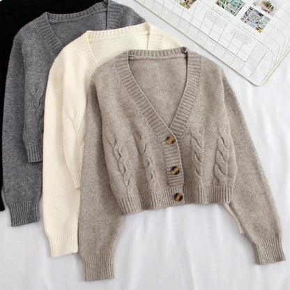 LVSANW V Neck Cropped Cardigan Women Long Sleeve Twist Knitted Sweater Coats Autumn Winter Keep Warm Korean Fashion Jacket Cardigan