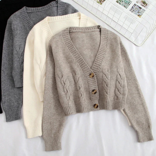 LVSANW V Neck Cropped Cardigan Women Long Sleeve Twist Knitted Sweater Coats Autumn Winter Keep Warm Korean Fashion Jacket Cardigan