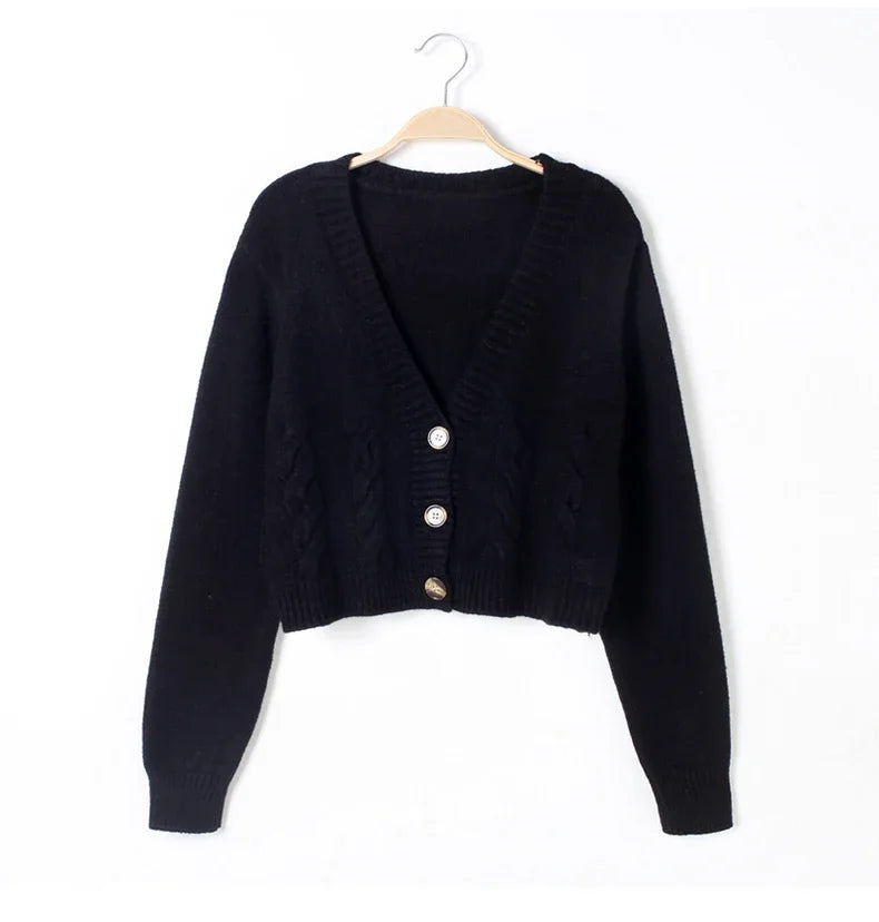 LVSANW V Neck Cropped Cardigan Women Long Sleeve Twist Knitted Sweater Coats Autumn Winter Keep Warm Korean Fashion Jacket Cardigan