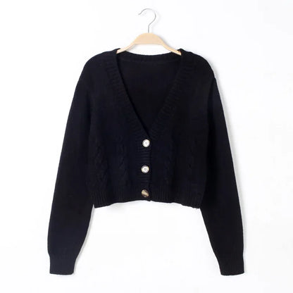 LVSANW V Neck Cropped Cardigan Women Long Sleeve Twist Knitted Sweater Coats Autumn Winter Keep Warm Korean Fashion Jacket Cardigan