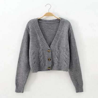 LVSANW V Neck Cropped Cardigan Women Long Sleeve Twist Knitted Sweater Coats Autumn Winter Keep Warm Korean Fashion Jacket Cardigan