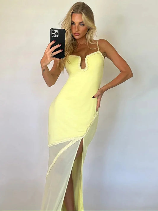 LVSANW V Neck Splicing Mesh Sleeveless Yellow Dresses Irregular Hem Side Split Sling Dress 2024 Fashion V Neck Backless Party Robes New