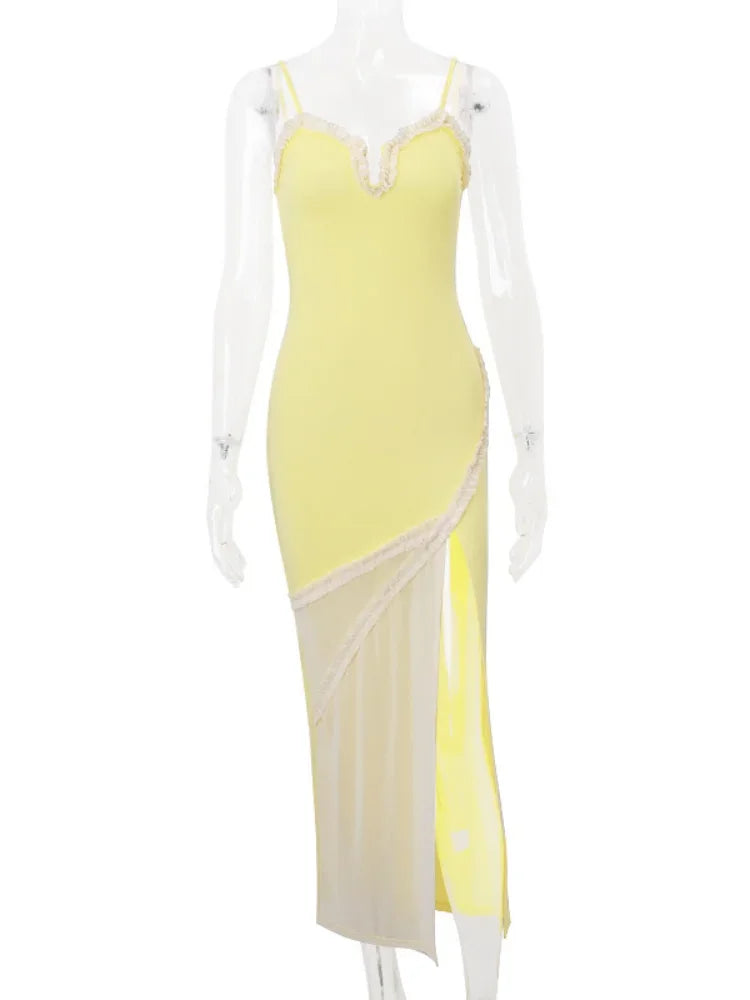 LVSANW V Neck Splicing Mesh Sleeveless Yellow Dresses Irregular Hem Side Split Sling Dress 2024 Fashion V Neck Backless Party Robes New