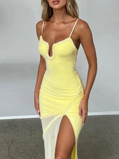 LVSANW V Neck Splicing Mesh Sleeveless Yellow Dresses Irregular Hem Side Split Sling Dress 2024 Fashion V Neck Backless Party Robes New