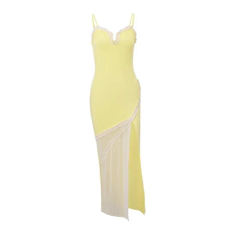 LVSANW V Neck Splicing Mesh Sleeveless Yellow Dresses Irregular Hem Side Split Sling Dress 2024 Fashion V Neck Backless Party Robes New