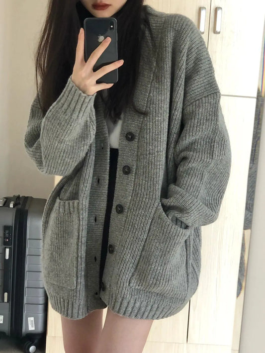 LVSANW V-neck Single Breasted Sweater Cardigan Women's Coat Spring Autumn Korean Loose Knit Top Women Clothing