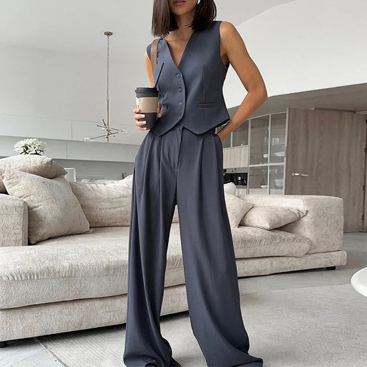 LVSANW V-neck Sleeveless Vest Drape Wide Leg Trousers Casual Suit Pants Pant Sets for Women 2 Pieces Elegant Women's Sets Suits