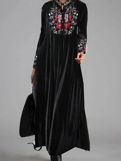 LVSANW Velvet Vintage Women Maxi Dress Flower Embroidery Round Neck Long Sleeves Evening Dress Slim Fit Pleated Bodycon Prom Dress