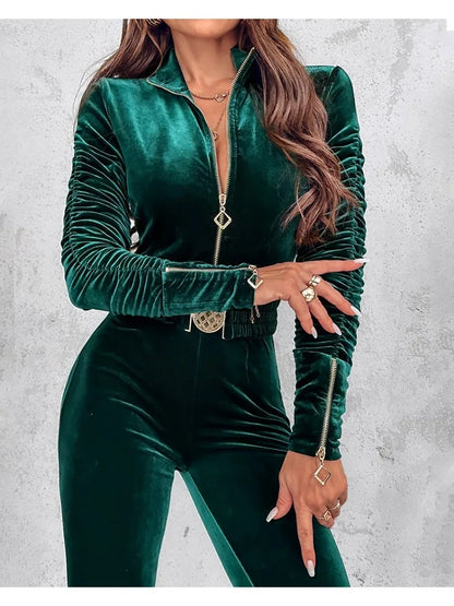 LVSANW Velvet Zipper Design Jumpsuits for Women 2024 Elegant Ruched Long Sleeve Jumpsuit with Elastic Waistbelt Overalls Woman Clothing