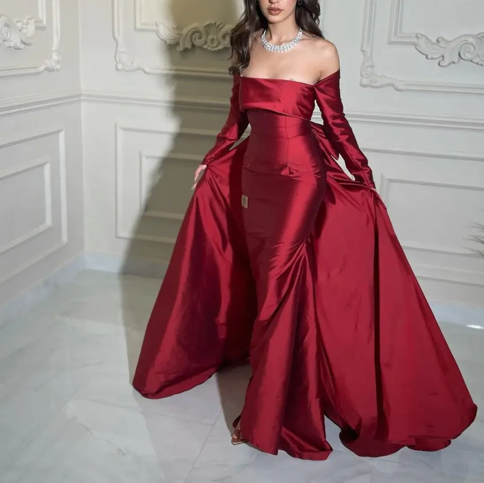 LVSANW Vestidos De Fiesta Off Shoulder Red Taffeta Shiny Prom Dresses Long Sleeves Mermaid Bow Tail floor-Length Formal Party Gown