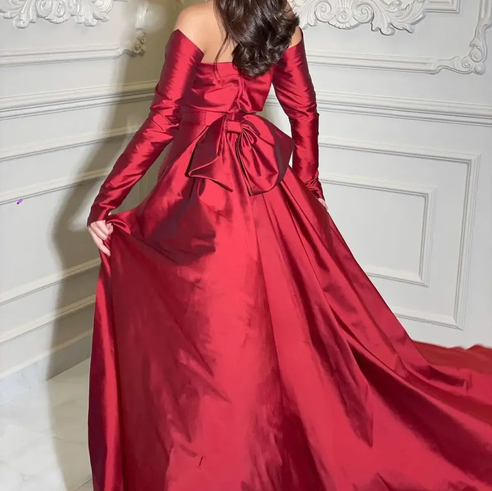 LVSANW Vestidos De Fiesta Off Shoulder Red Taffeta Shiny Prom Dresses Long Sleeves Mermaid Bow Tail floor-Length Formal Party Gown