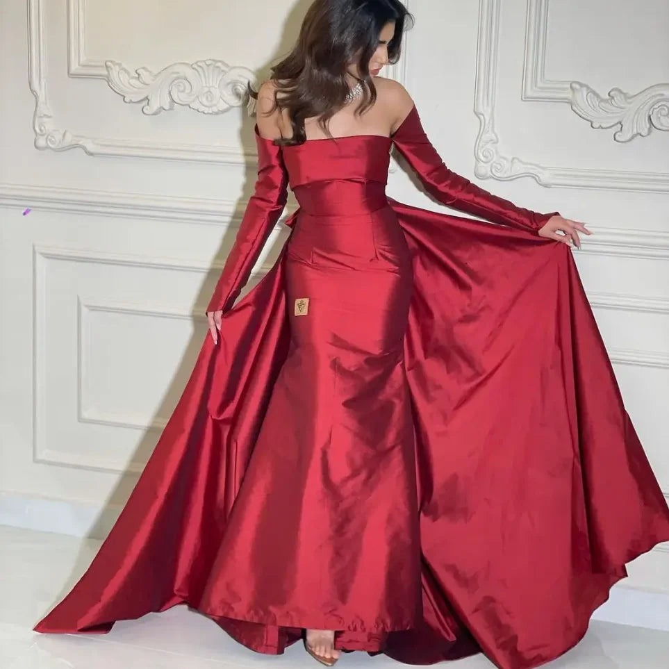 LVSANW Vestidos De Fiesta Off Shoulder Red Taffeta Shiny Prom Dresses Long Sleeves Mermaid Bow Tail floor-Length Formal Party Gown