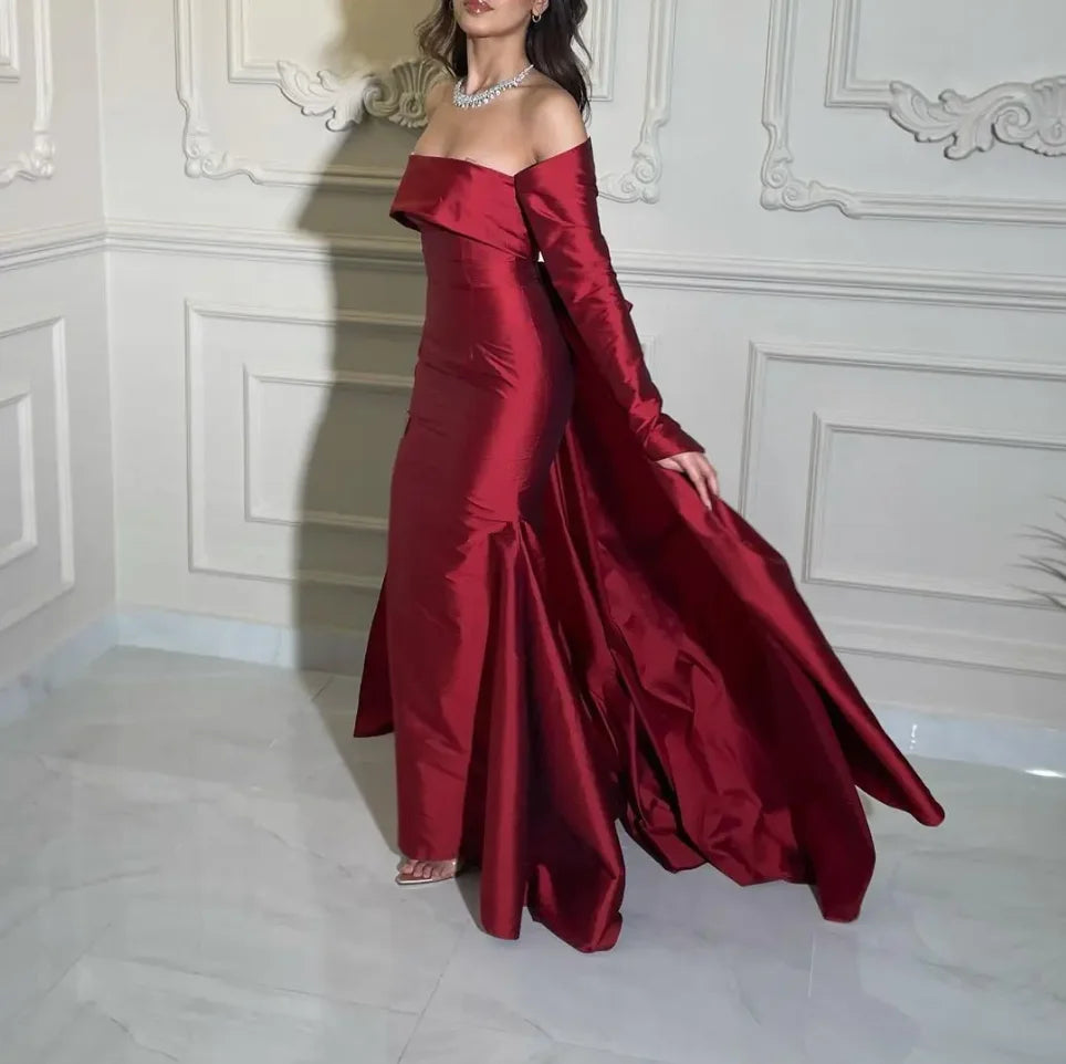 LVSANW Vestidos De Fiesta Off Shoulder Red Taffeta Shiny Prom Dresses Long Sleeves Mermaid Bow Tail floor-Length Formal Party Gown