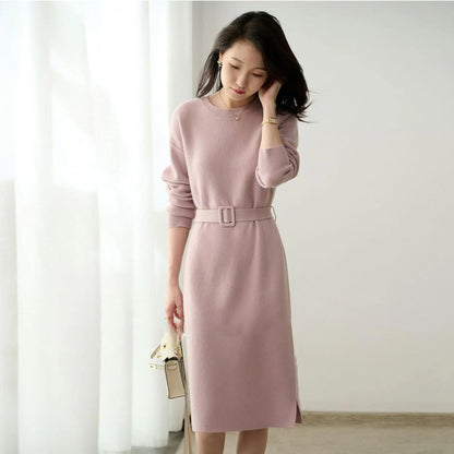 LVSANW Vestidos De Mujer Casual 2025 Fall Winter Fashion New O Neck Girdle Long Sleeves Mid Length Model Knitted Women Dress CR1785