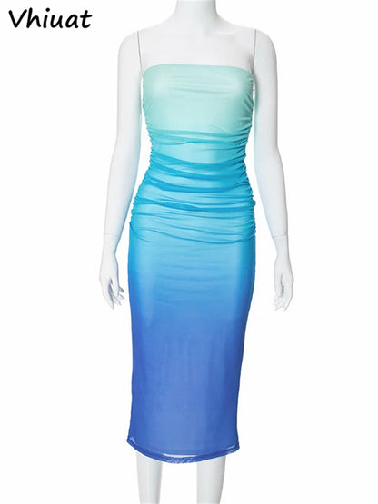 LVSANW Vhiuat Blue Sleeveless Strapless Ruched Bodycon Sexy Midi Dresses For Women 2024 Summer Beach Party Backless Women Slim Dresses