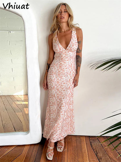 LVSANW Vhiuat Women Floral Print Sleeveless Off Shoulder Lace Slim Long Dresses Club Party Solid V Neck Backless Summer Maxi Dress 2024