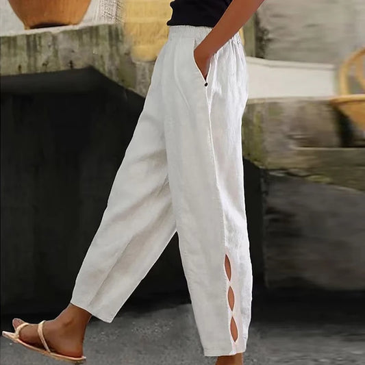 LVSANW Vintage Fashion Solid Cotton and Linen Pants Women Spring Elastic Waist Pocket Button Trousers Summer Bottoming Hollow Out Pants