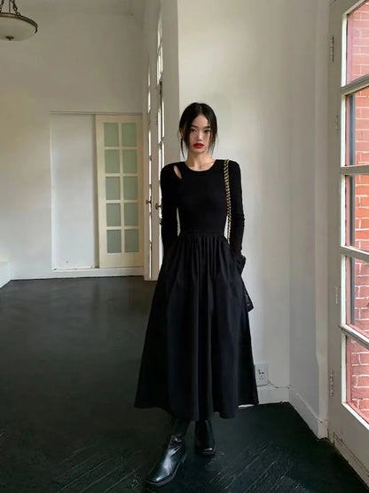 LVSANW Vintage Hollow Out Black Dress Women Autumn Elegant Hepburn Style O Neck Midi Dress Y2K Harajuku Korean Splicing A Line Dress