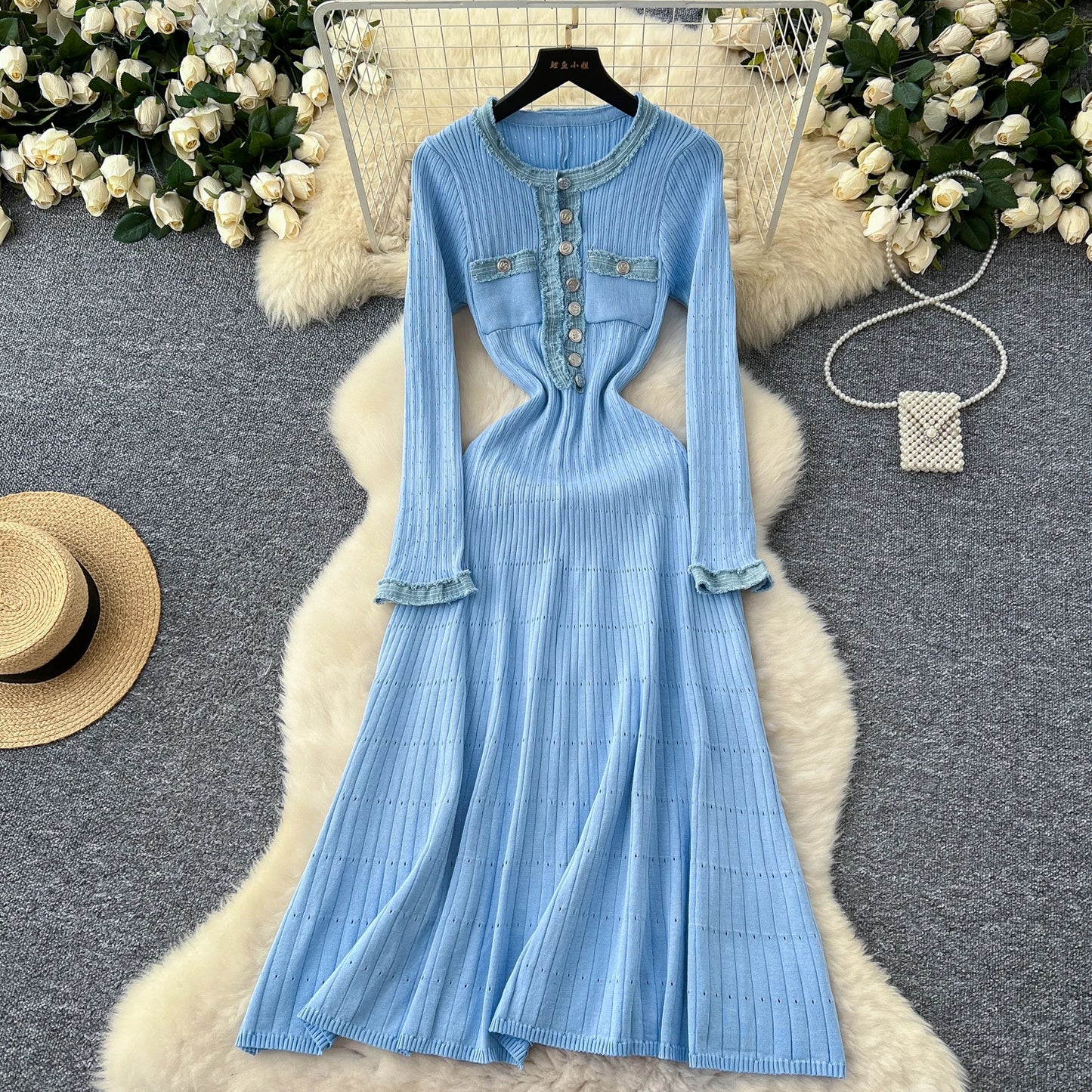 LVSANW Vintage O-neck Long Sleeves Chic Metal Button Denim Spliced Knitted Slim Long Dresses French High Street Winter Elastic Clothing