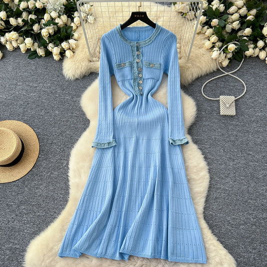 LVSANW Vintage O-neck Long Sleeves Chic Metal Button Denim Spliced Knitted Slim Long Dresses French High Street Winter Elastic Clothing