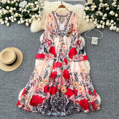 LVSANW Vintage Print Elegant Flare Long Sleeves Deep V Neck  A-line Chiffon Long Dresses Casual Women  Fashion Autumn Spring Clothing