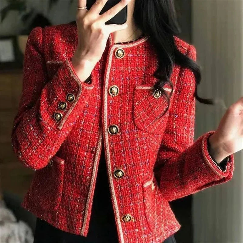 LVSANW Vintage Red Tweed Coat Women's 2024 Autumn/Winter New French Vintage Loose and Versatile Show Thin Temperament Woolen Jacket Fem