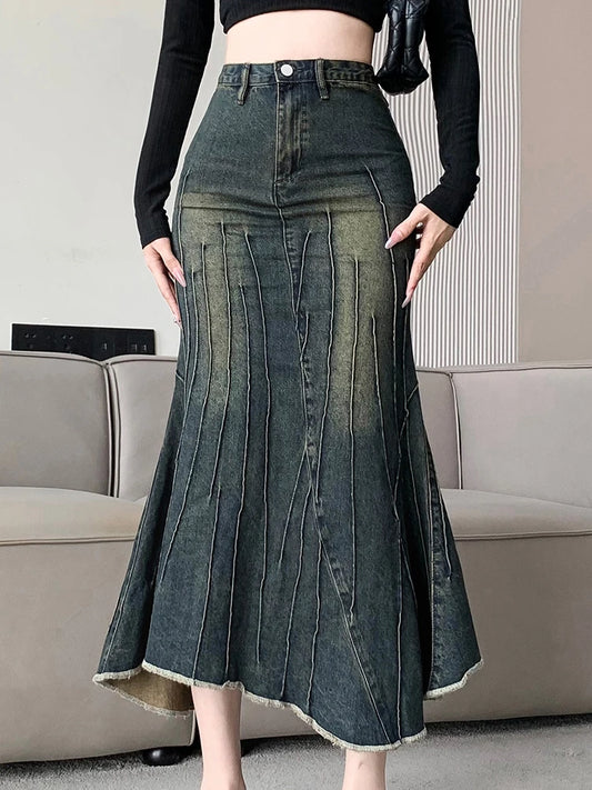 LVSANW Vintage Ripped Women Mermaid Skirt 2024 New Fashion Y2K Streetwear Jeans Skirts Female Retro Casual Irregular Hip Skirts Denim