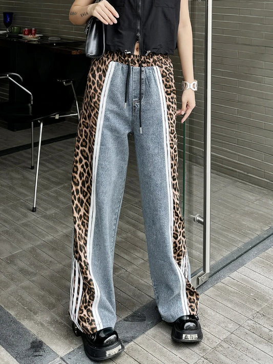 LVSANW Vintage Street Leopard Print Wide Leg Pants Splicing High Waist Jeans Women 2024 Summer Loose Elastic Casual Trousers Streetwear