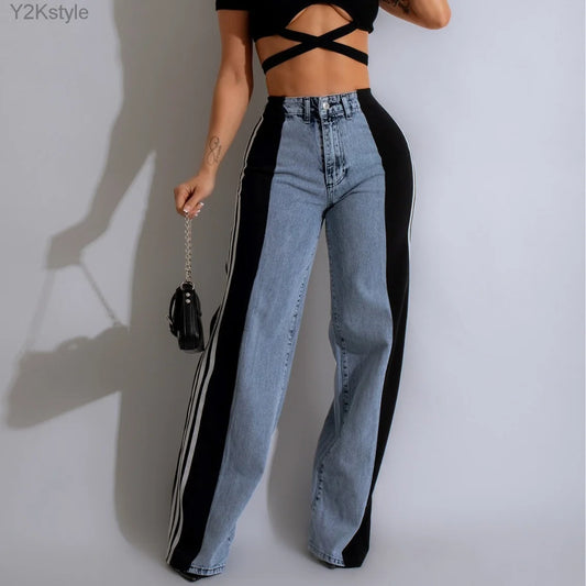 LVSANW Vintage Streetwear Baggy Jeans Woman High Waist Stripe Splicing Straight Loose Wide Leg Denim Trousers Boyfriend Cargo Pants y2k