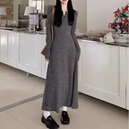 LVSANW Vintage Versatile Knitted Long Sleeve Dress Women's Slimming A- line Skirt Autumn/winter Waist-fitted Long Dress