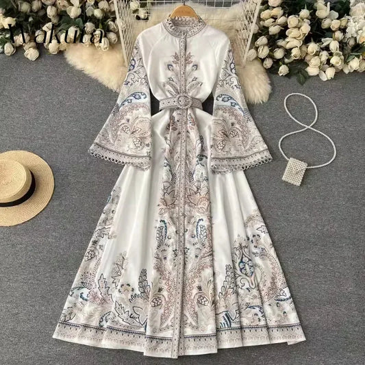 LVSANW WAKUTA Russian Vintage Round Neck Flared Sleeve Printed Dress Single Breasted Belt Hem Irregular Pleated Vestido Elegante Mujer