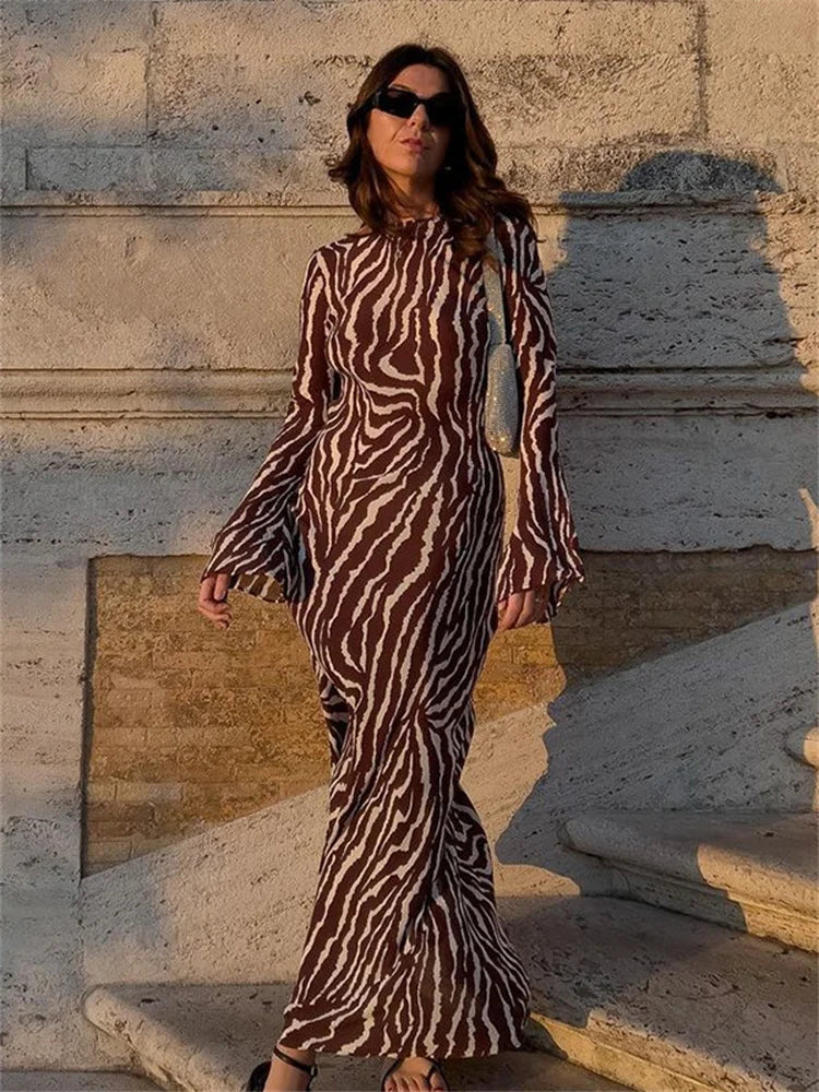 LVSANW WJFZQM Fashion Sexy Party Evening Dress Clothings Women Long Sleeve Zebra Print Bodycon Skinny Spring Autumn Long Dresses 2024