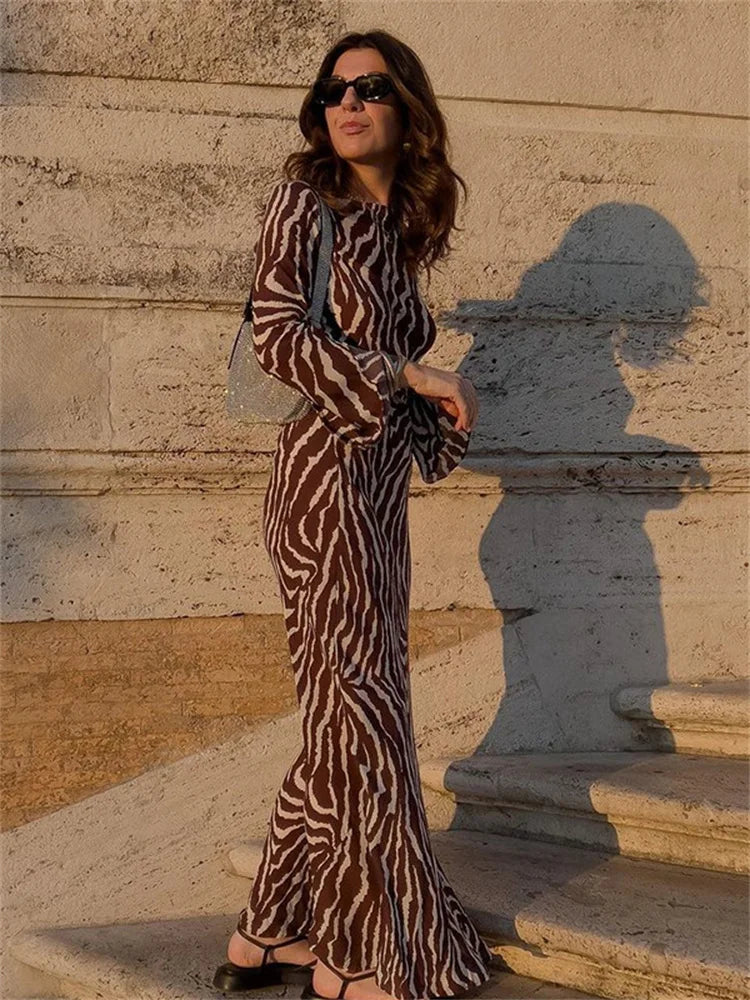 LVSANW WJFZQM Fashion Sexy Party Evening Dress Clothings Women Long Sleeve Zebra Print Bodycon Skinny Spring Autumn Long Dresses 2024