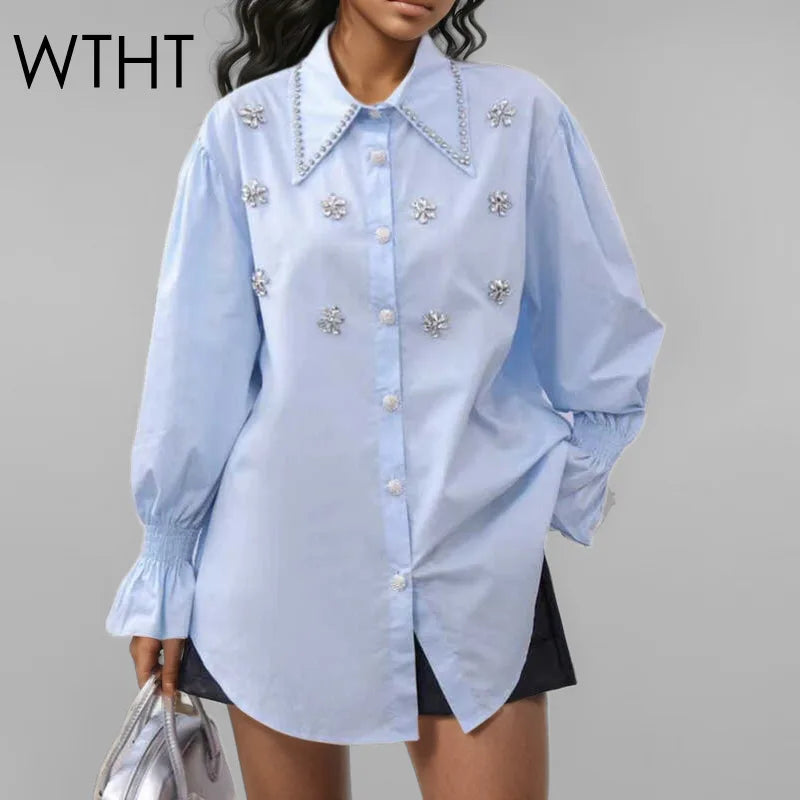 LVSANW WTHT Fashion New Women's Diamonds Solid Color Shirt 2025 Spring Trendy Lapel Long Sleeves Single Breasted Blouse Female 1LS766