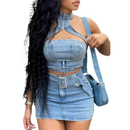 LVSANW ashed Denim Women 2 Piece Set Sleeveless Halter Neck Crop Top High Waist Skinny Mini Skirts Matching Set 2024 Summer Outfits