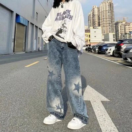 LVSANW Washed Star Pattern baggy jeans High Street Loose Straight Women's pants Summer Casual Street Hip Hop Women Jeans 2024 y2k pants