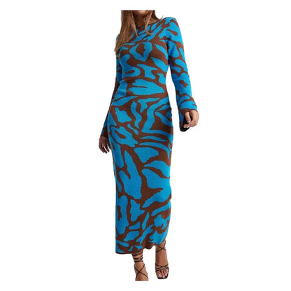 LVSANW Waved Print Women Maxi Dress Spring Autumn Slim Fit Color Blocked Printed Bodycon Dress Sexy Round Neck Long Sleeve Party Dress