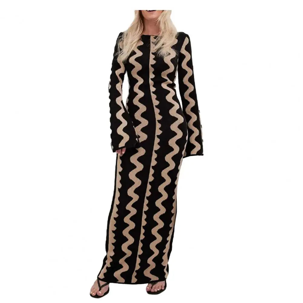 LVSANW Waved Print Women Maxi Dress Spring Autumn Slim Fit Color Blocked Printed Bodycon Dress Sexy Round Neck Long Sleeve Party Dress