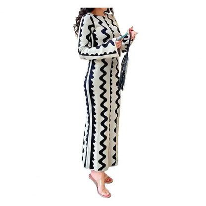 LVSANW Waved Print Women Maxi Dress Spring Autumn Slim Fit Color Blocked Printed Bodycon Dress Sexy Round Neck Long Sleeve Party Dress