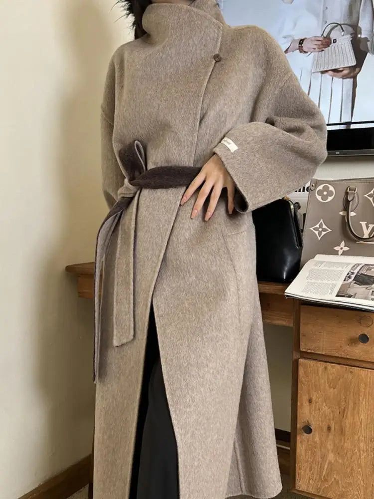 LVSANW Wear It On Both Sides Lady Woolen Jackets 2024 Autumn And Winter Bathrobe Style Large Lapel Lace Up Tie Women's Long Wool Coats