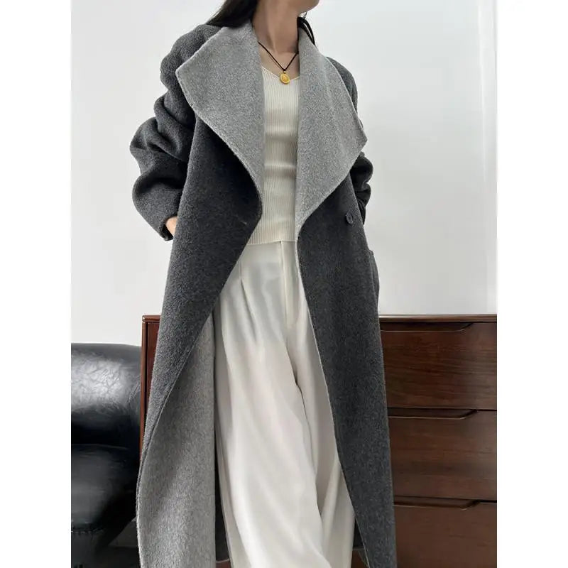 LVSANW Wear It On Both Sides Lady Woolen Jackets 2024 Autumn And Winter Bathrobe Style Large Lapel Lace Up Tie Women's Long Wool Coats