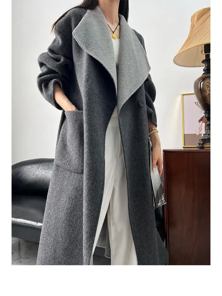 LVSANW Wear It On Both Sides Lady Woolen Jackets 2024 Autumn And Winter Bathrobe Style Large Lapel Lace Up Tie Women's Long Wool Coats